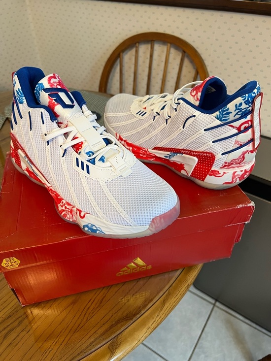 adidas Other - adidas White, Red & Blue Patterned Basketball Sneakers